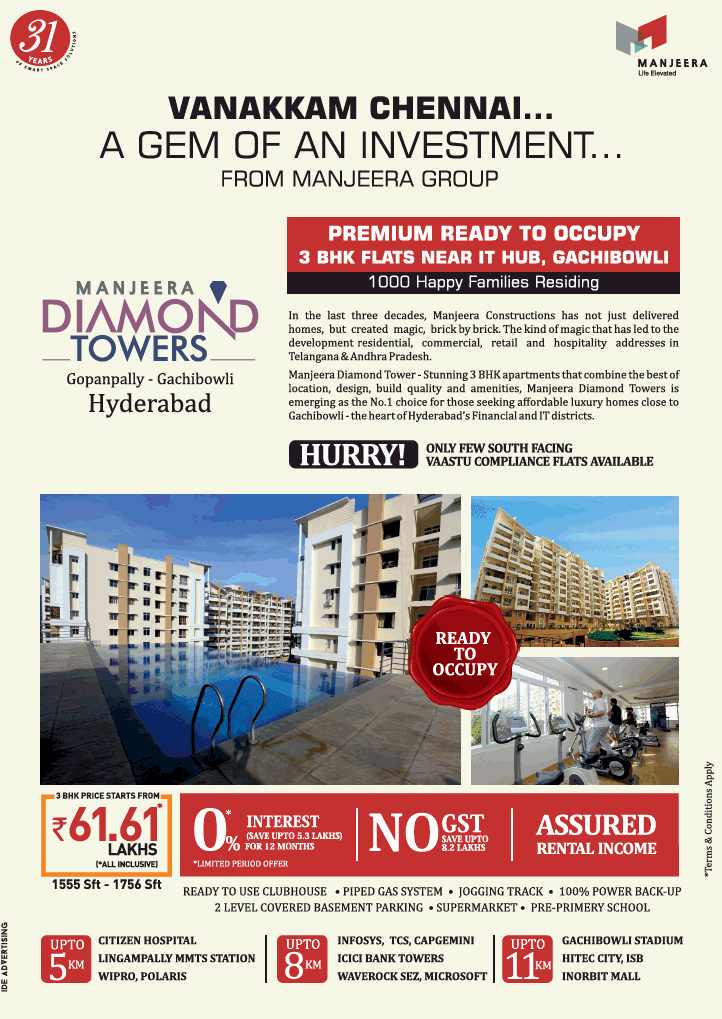 A gem of an investment for you at Manjeera Diamond Towers in Hyderabad